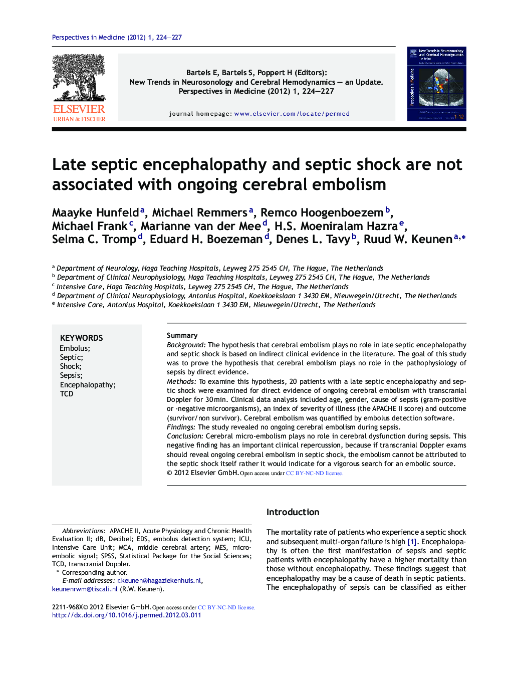 Late septic encephalopathy and septic shock are not associated with ongoing cerebral embolism