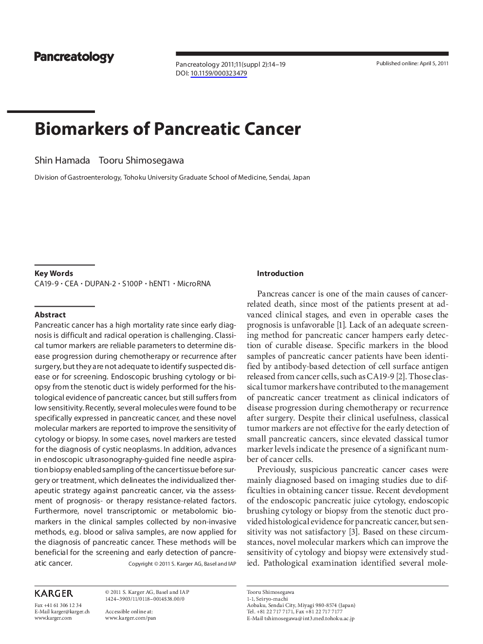 Biomarkers of Pancreatic Cancer