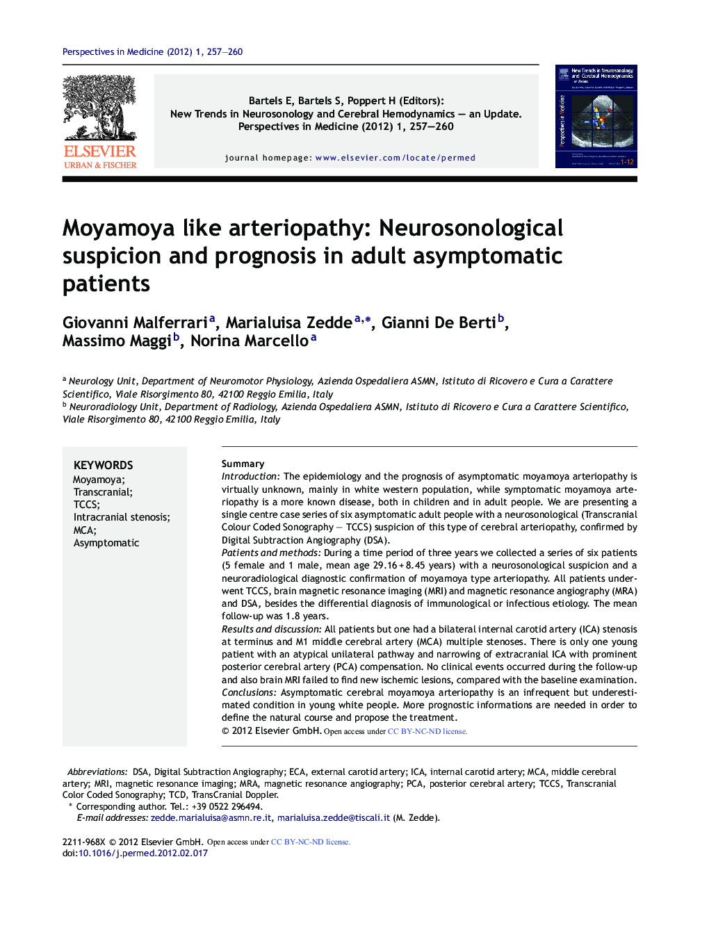 Moyamoya like arteriopathy: Neurosonological suspicion and prognosis in adult asymptomatic patients