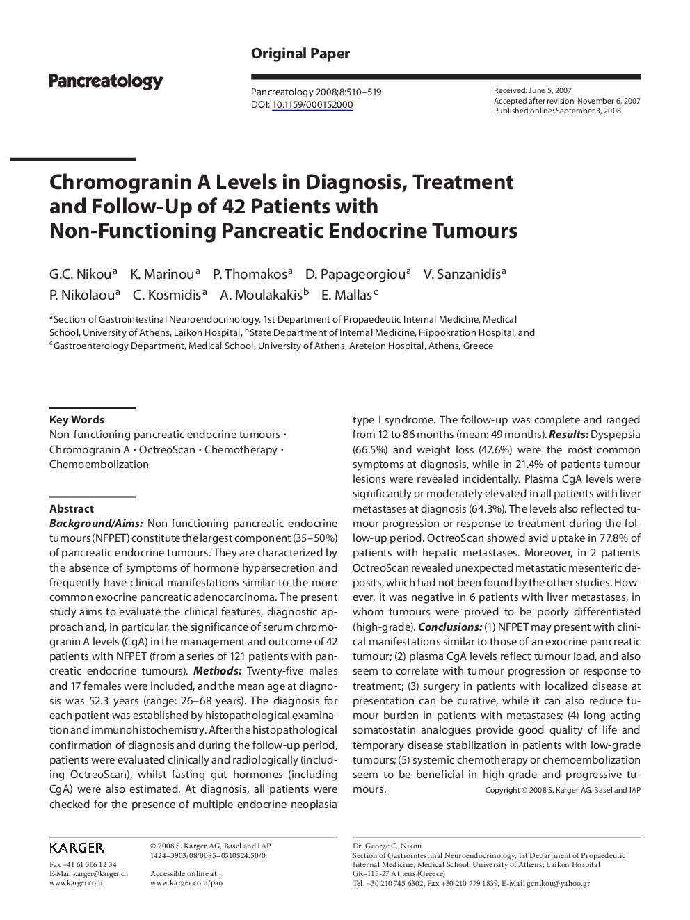 Chromogranin A Levels in Diagnosis, Treatment and Follow-Up of 42 Patients with Non-Functioning Pancreatic Endocrine Tumours