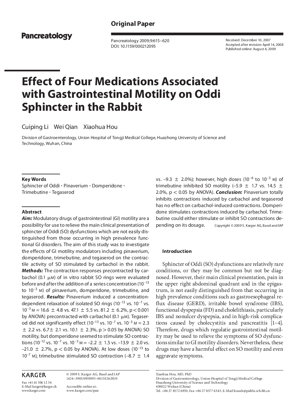 Effect of Four Medications Associated with Gastrointestinal Motility on Oddi Sphincter in the Rabbit