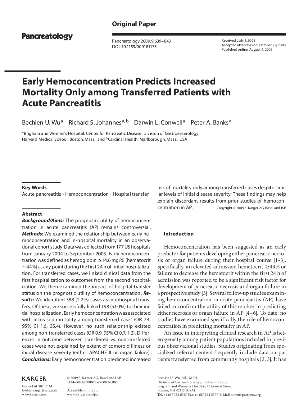 Early Hemoconcentration Predicts Increased Mortality Only among Transferred Patients with Acute Pancreatitis