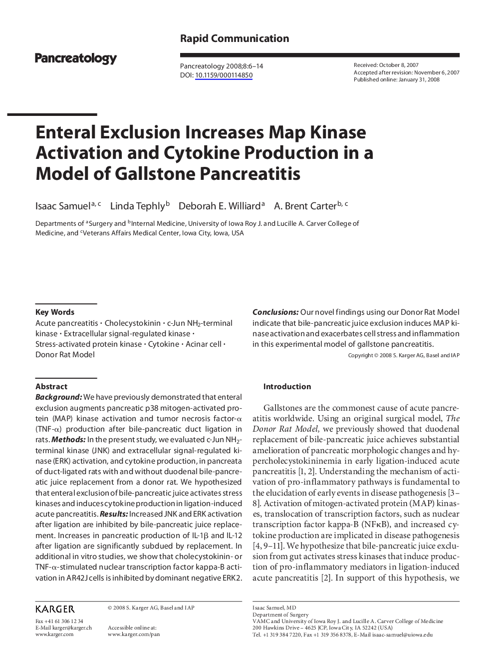 Enteral Exclusion Increases Map Kinase Activation and Cytokine Production in a Model of Gallstone Pancreatitis