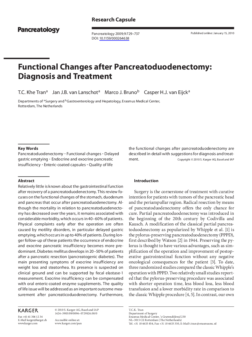 Functional Changes after Pancreatoduodenectomy: Diagnosis and Treatment