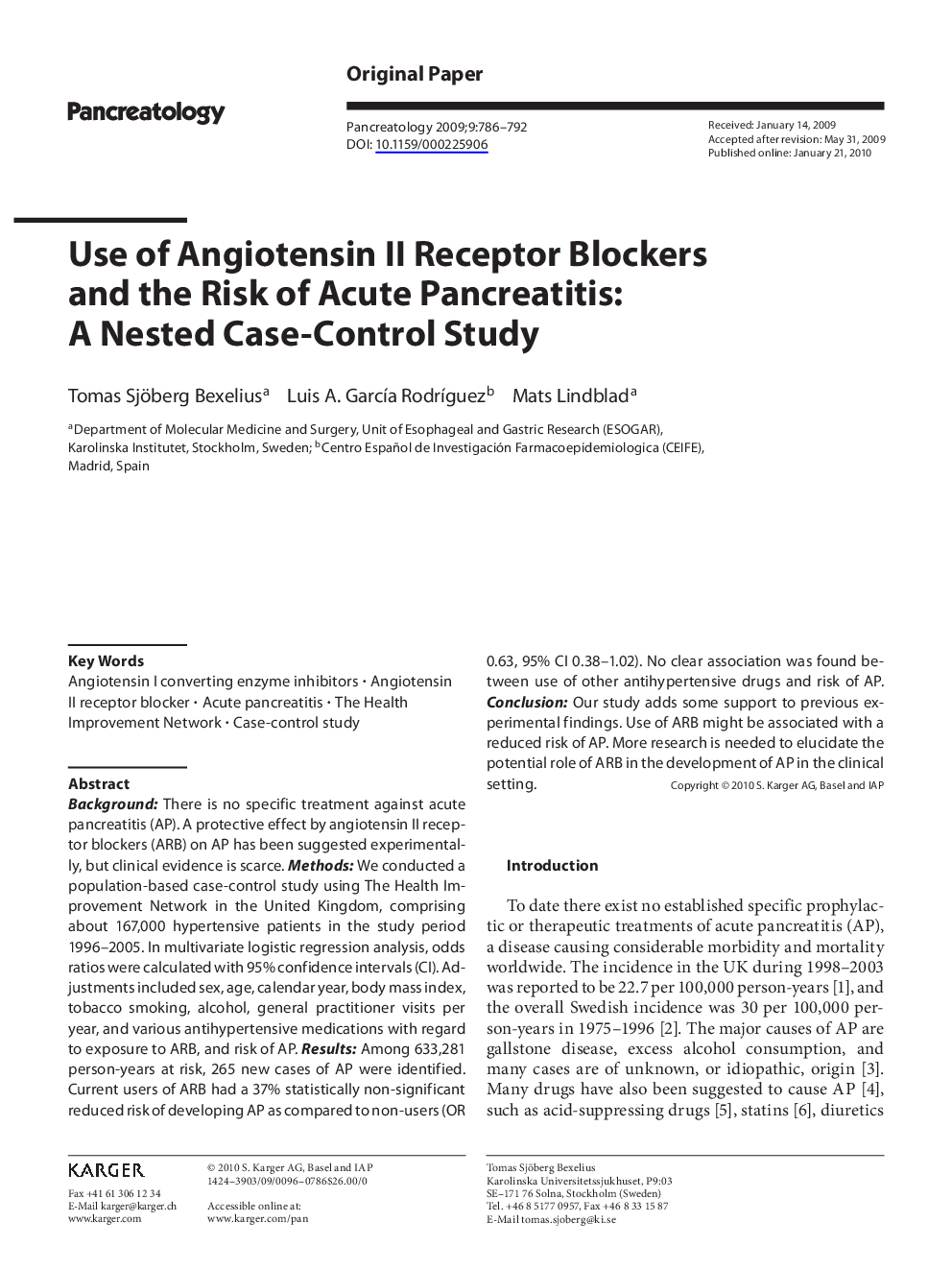 Use of Angiotensin II Receptor Blockers and the Risk of Acute Pancreatitis: A Nested Case-Control Study