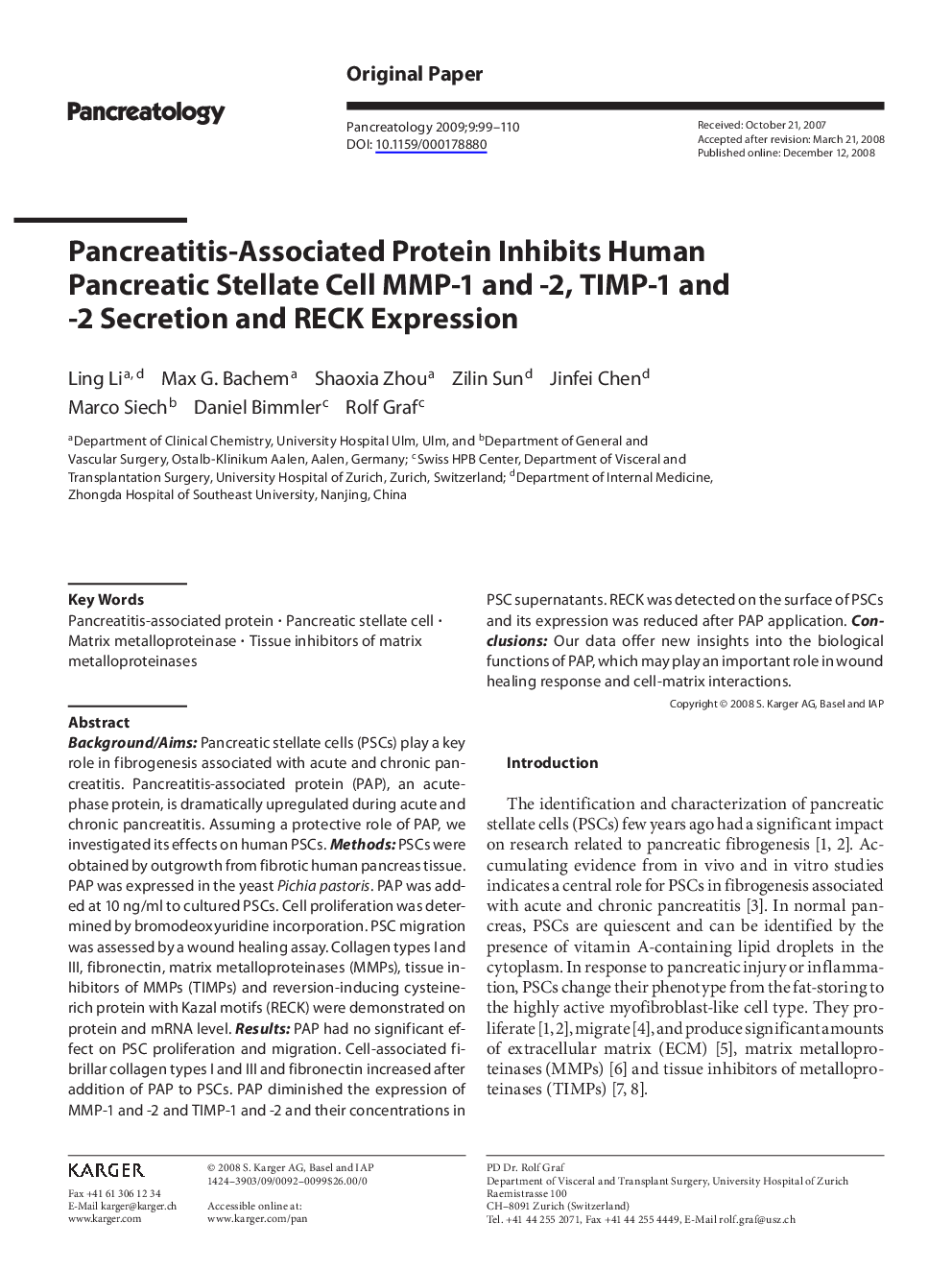 Pancreatitis-Associated Protein Inhibits Human Pancreatic Stellate Cell MMP-1 and -2, TIMP-1 and -2 Secretion and RECK Expression