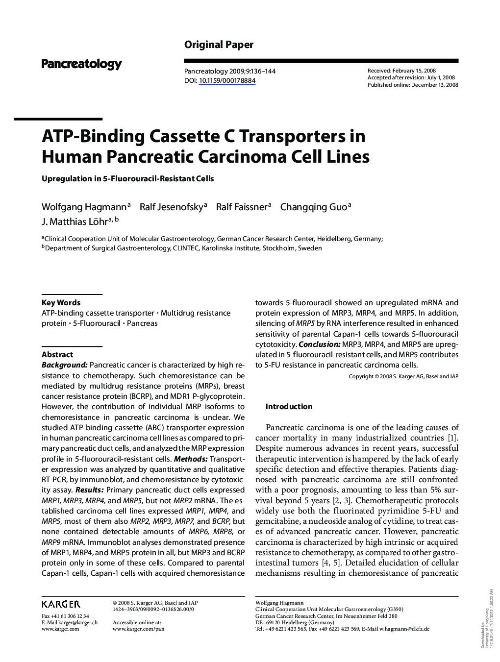 ATP-Binding Cassette C Transporters in Human Pancreatic Carcinoma Cell Lines