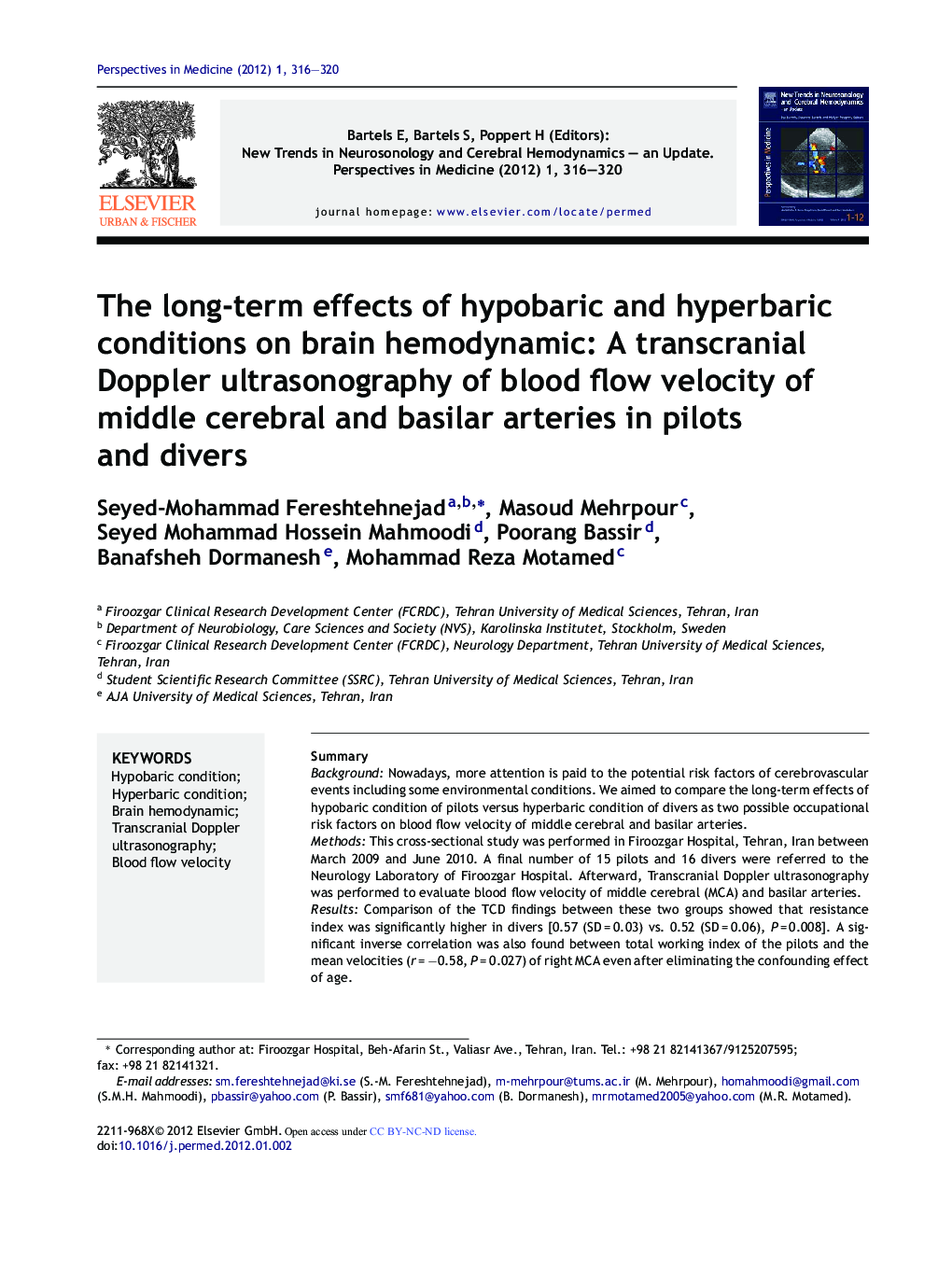 The long-term effects of hypobaric and hyperbaric conditions on brain hemodynamic: A transcranial Doppler ultrasonography of blood flow velocity of middle cerebral and basilar arteries in pilots and divers