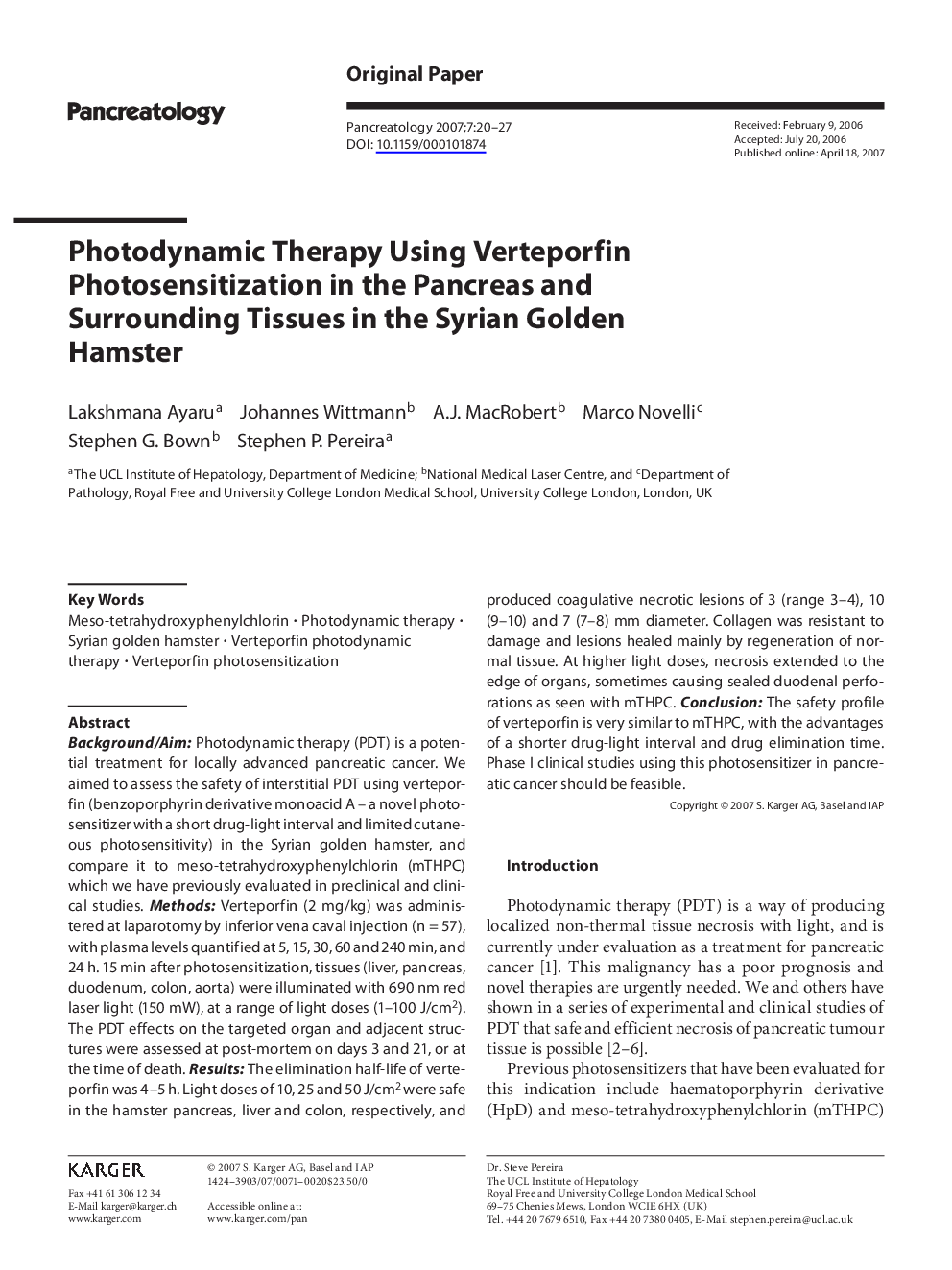 Photodynamic Therapy Using Verteporfin Photosensitization in the Pancreas and Surrounding Tissues in the Syrian Golden Hamster