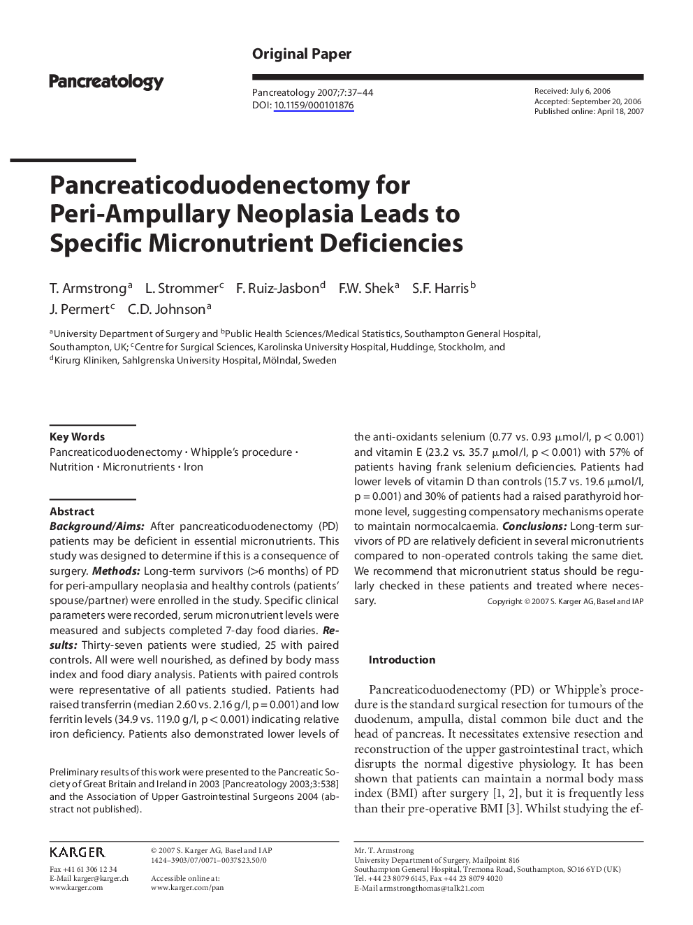 Pancreaticoduodenectomy for Peri-Ampullary Neoplasia Leads to Specific Micronutrient Deficiencies