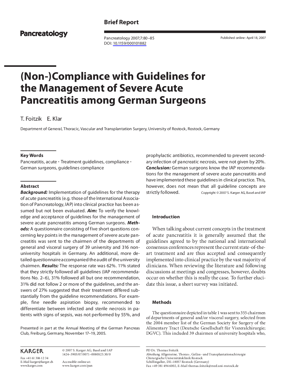 (Non-)Compliance with Guidelines for the Management of Severe Acute Pancreatitis among German Surgeons