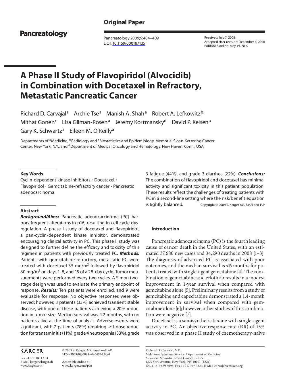 A Phase II Study of Flavopiridol (Alvocidib) in Combination with Docetaxel in Refractory, Metastatic Pancreatic Cancer