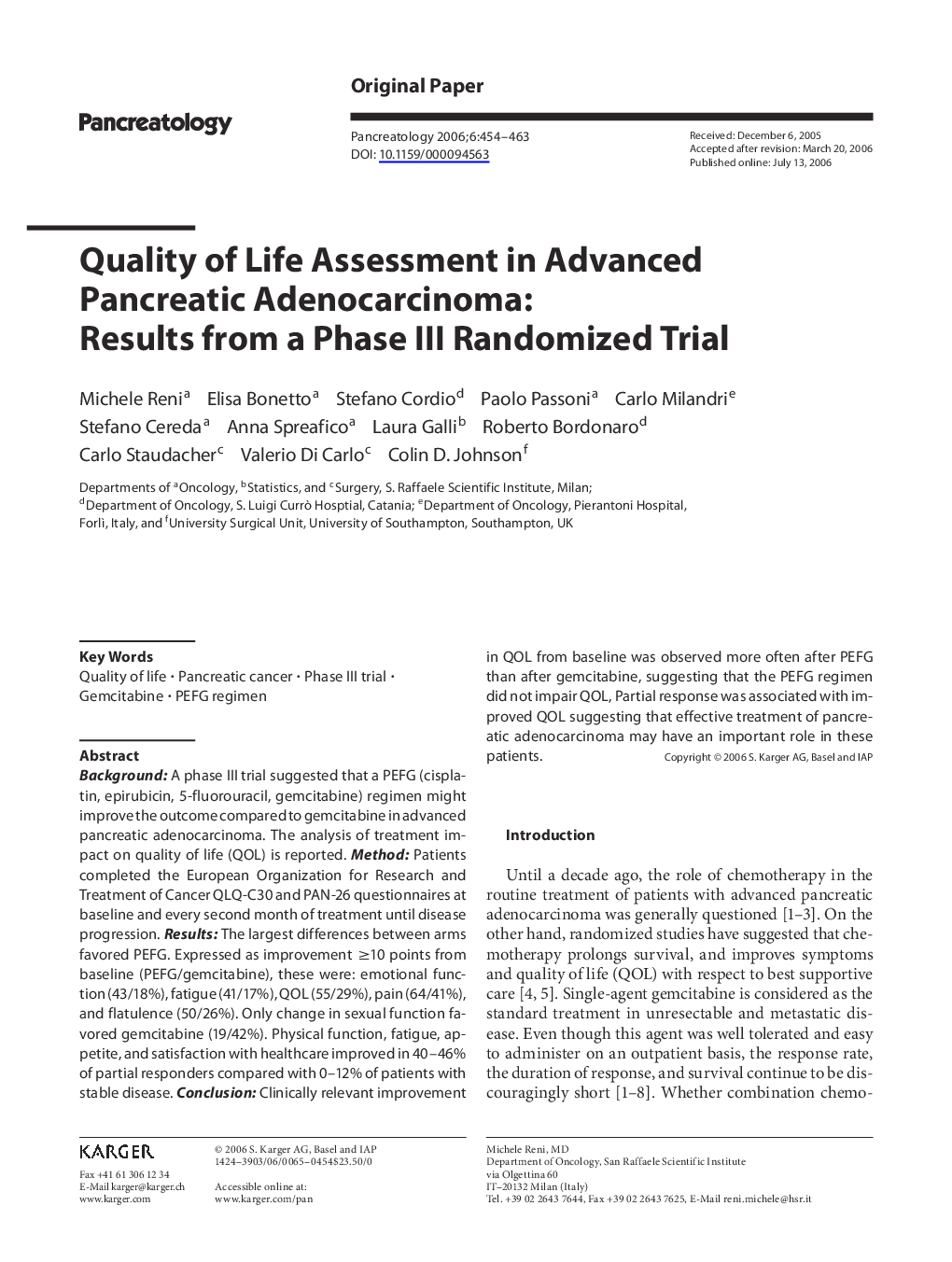 Quality of life assessment in advanced pancreatic adenocarcinoma: Results from a phase III randomized trial