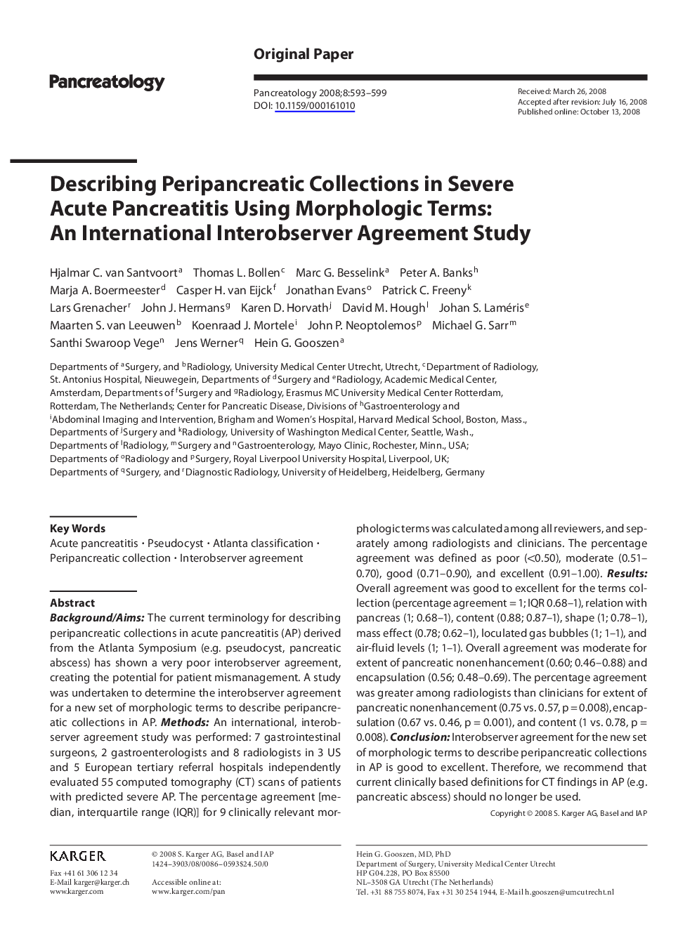 Describing Peripancreatic Collections in Severe Acute Pancreatitis Using Morphologic Terms: An International Interobserver Agreement Study