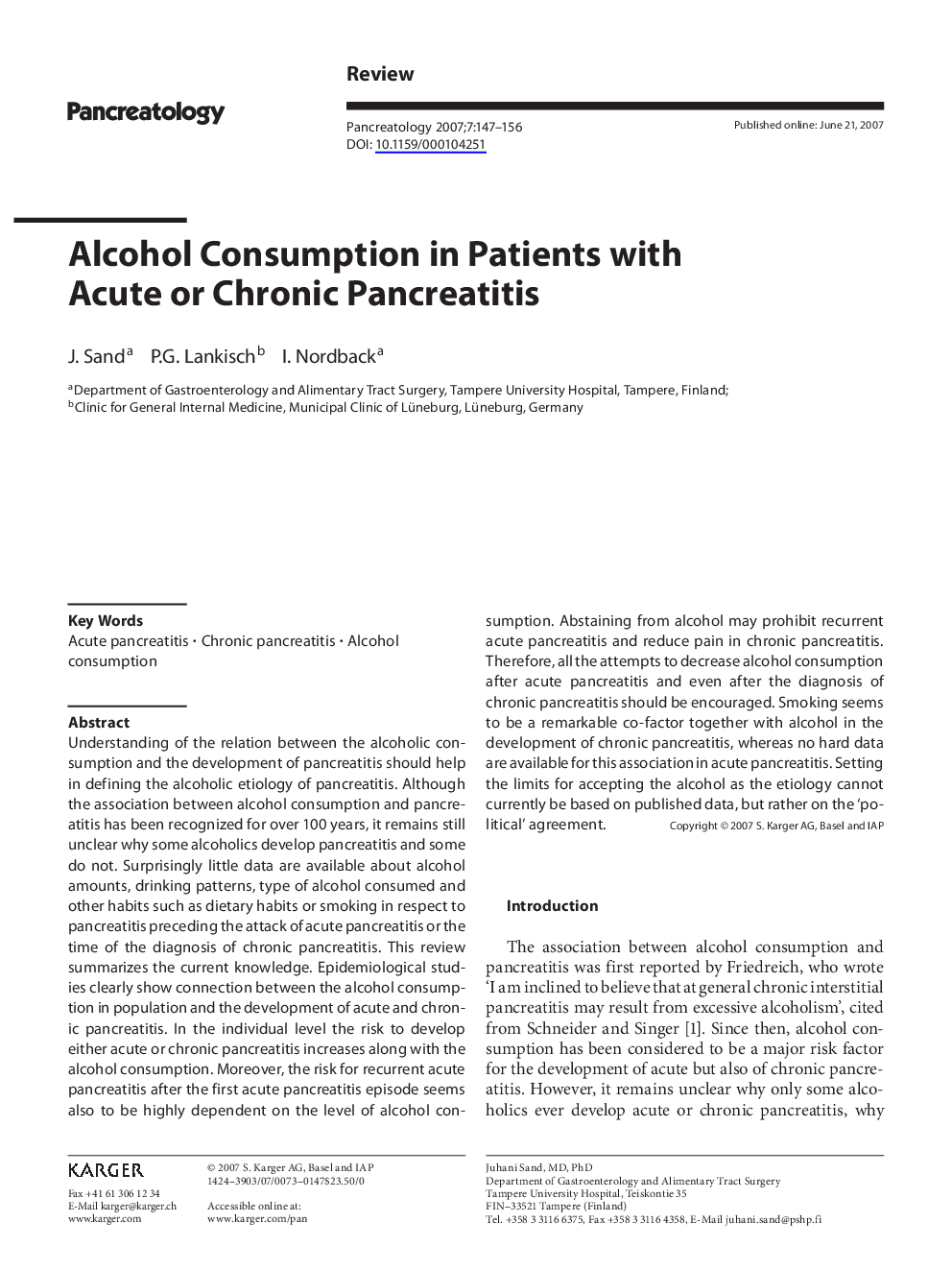 Alcohol Consumption in Patients with Acute or Chronic Pancreatitis