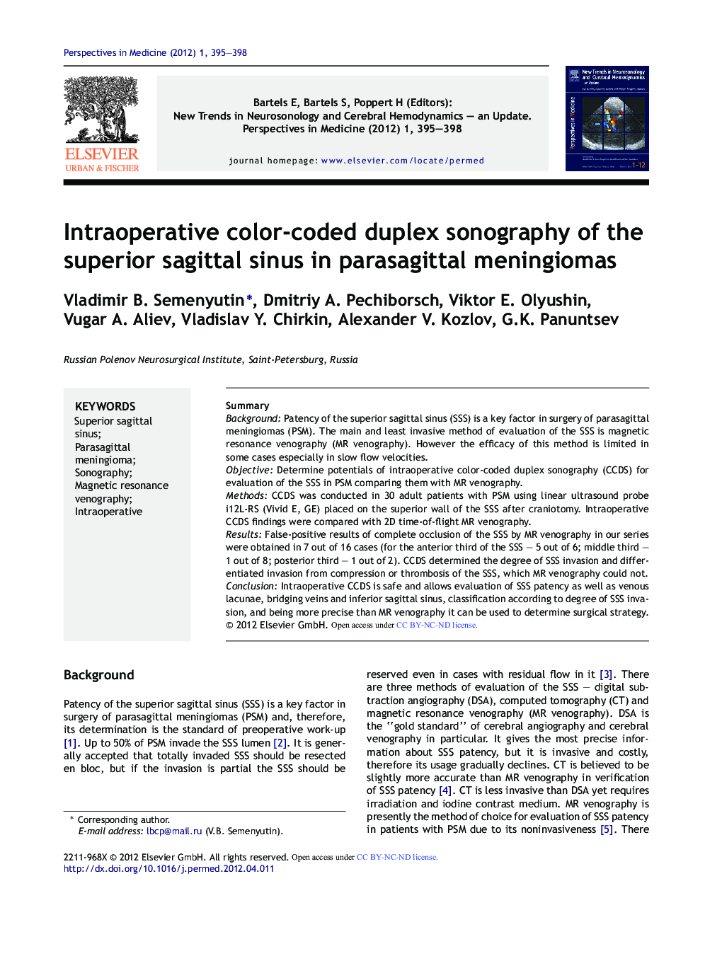 Intraoperative color-coded duplex sonography of the superior sagittal sinus in parasagittal meningiomas