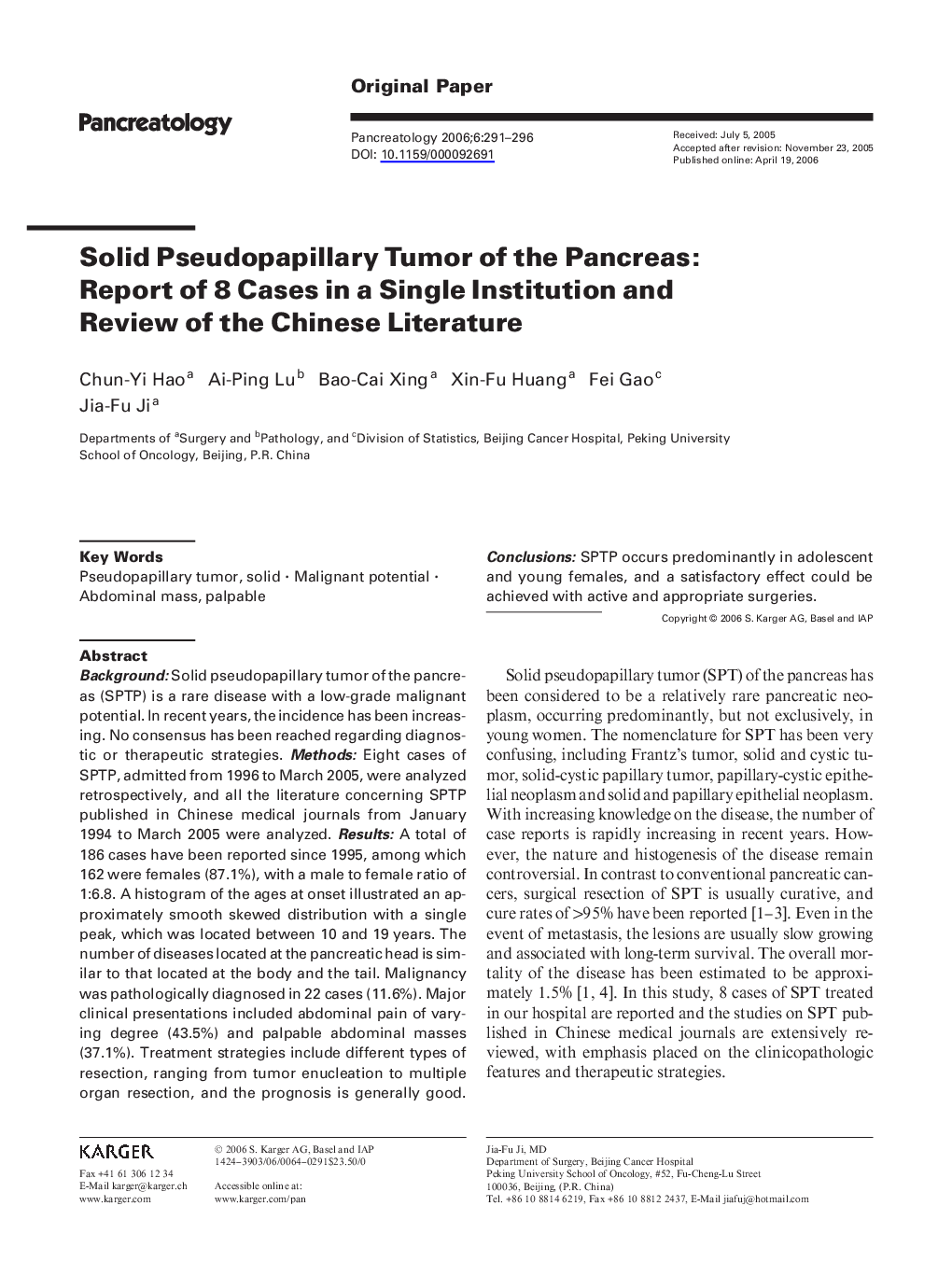 Solid Pseudopapillary Tumor of the Pancreas: Report of 8 Cases in a Single Institution and Review of the Chinese Literature