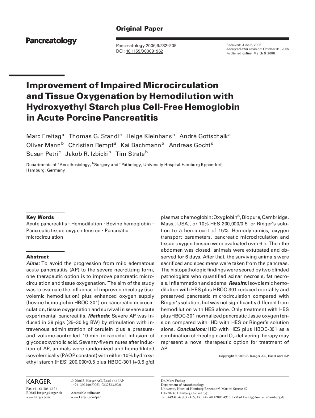 Improvement of impaired microcirculation and tissue oxygenation by hemodilution with hydroxyethyl starch plus cell-free hemoglobin in acute porcine pancreatitis