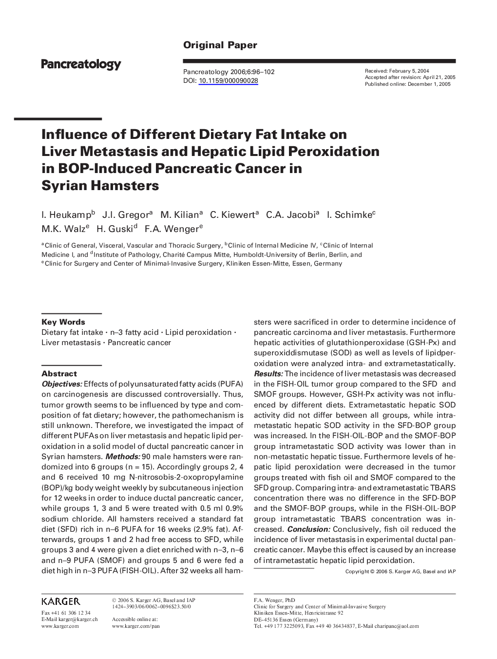 Influence of Different Dietary Fat Intake on Liver Metastasis and Hepatic Lipid Peroxidation in BOP-Induced Pancreatic Cancer in Syrian Hamsters