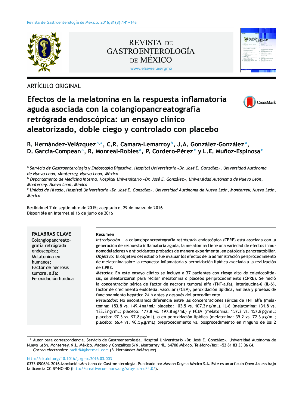 Efectos de la melatonina en la respuesta inflamatoria aguda asociada con la colangiopancreatografía retrógrada endoscópica: un ensayo clínico aleatorizado, doble ciego y controlado con placebo