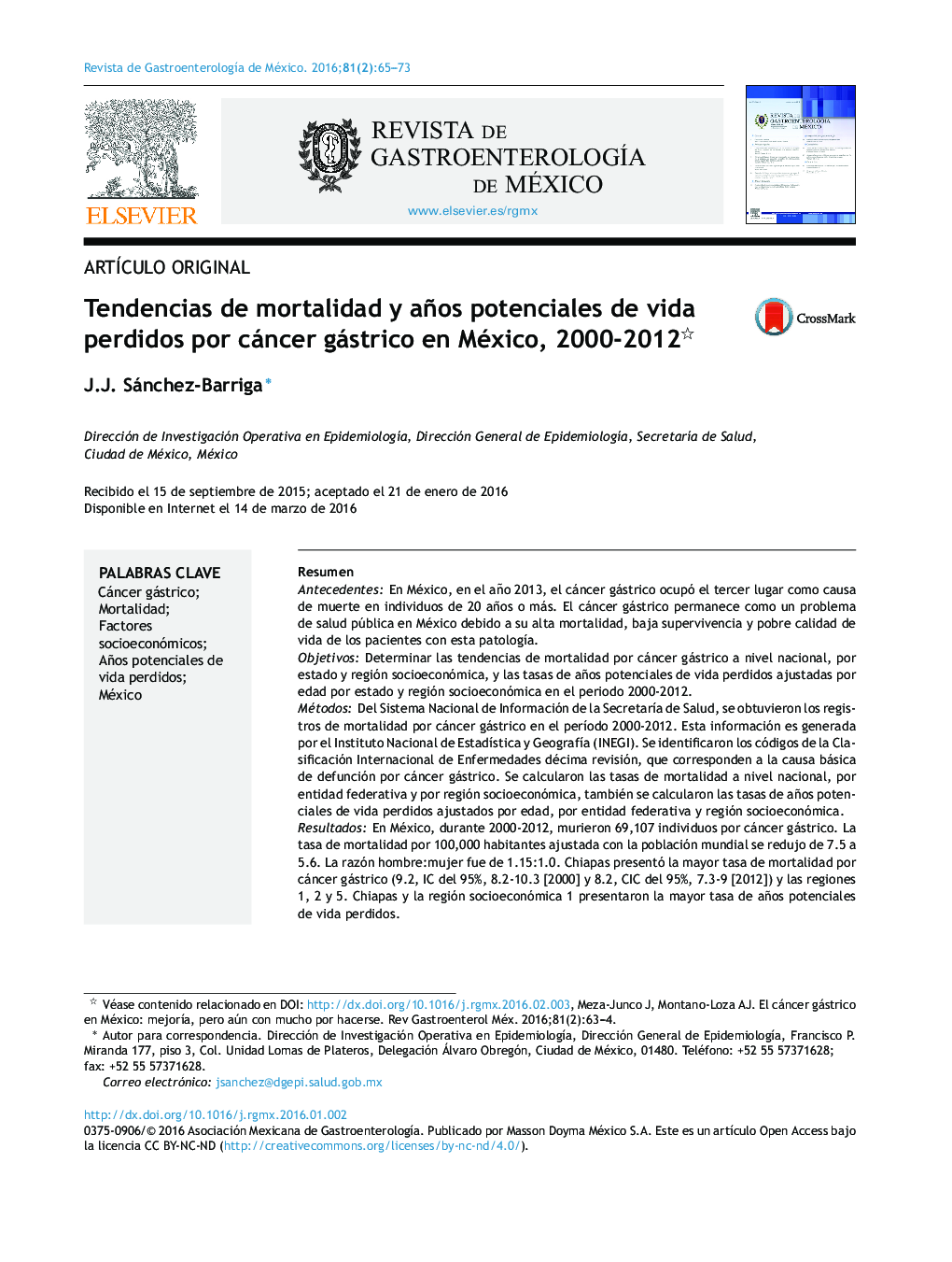 Tendencias de mortalidad y años potenciales de vida perdidos por cáncer gástrico en México, 2000-2012 