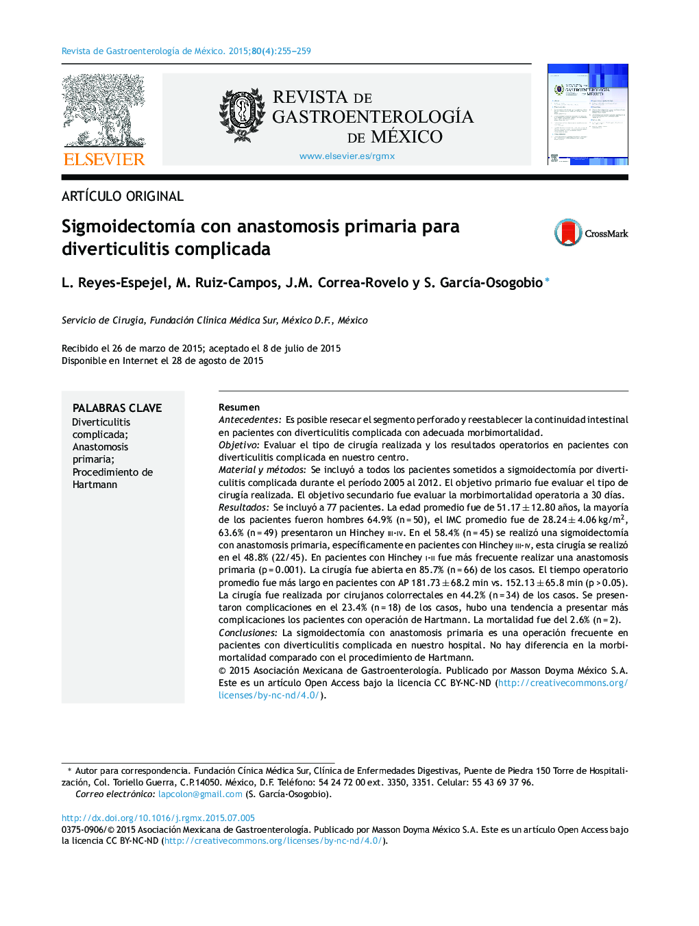 Sigmoidectomía con anastomosis primaria para diverticulitis complicada