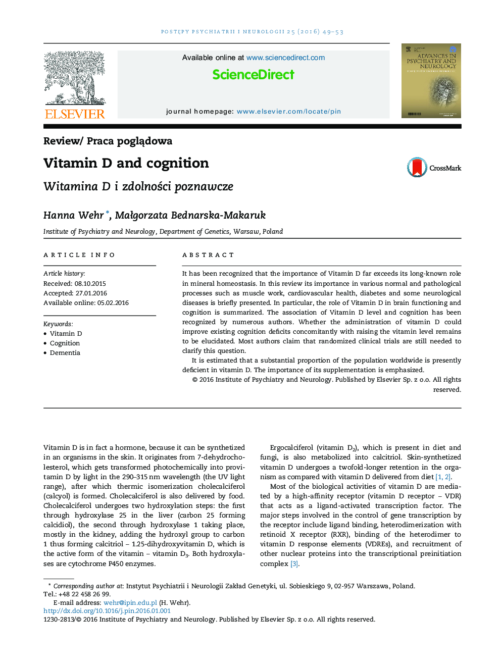 Vitamin D and cognition