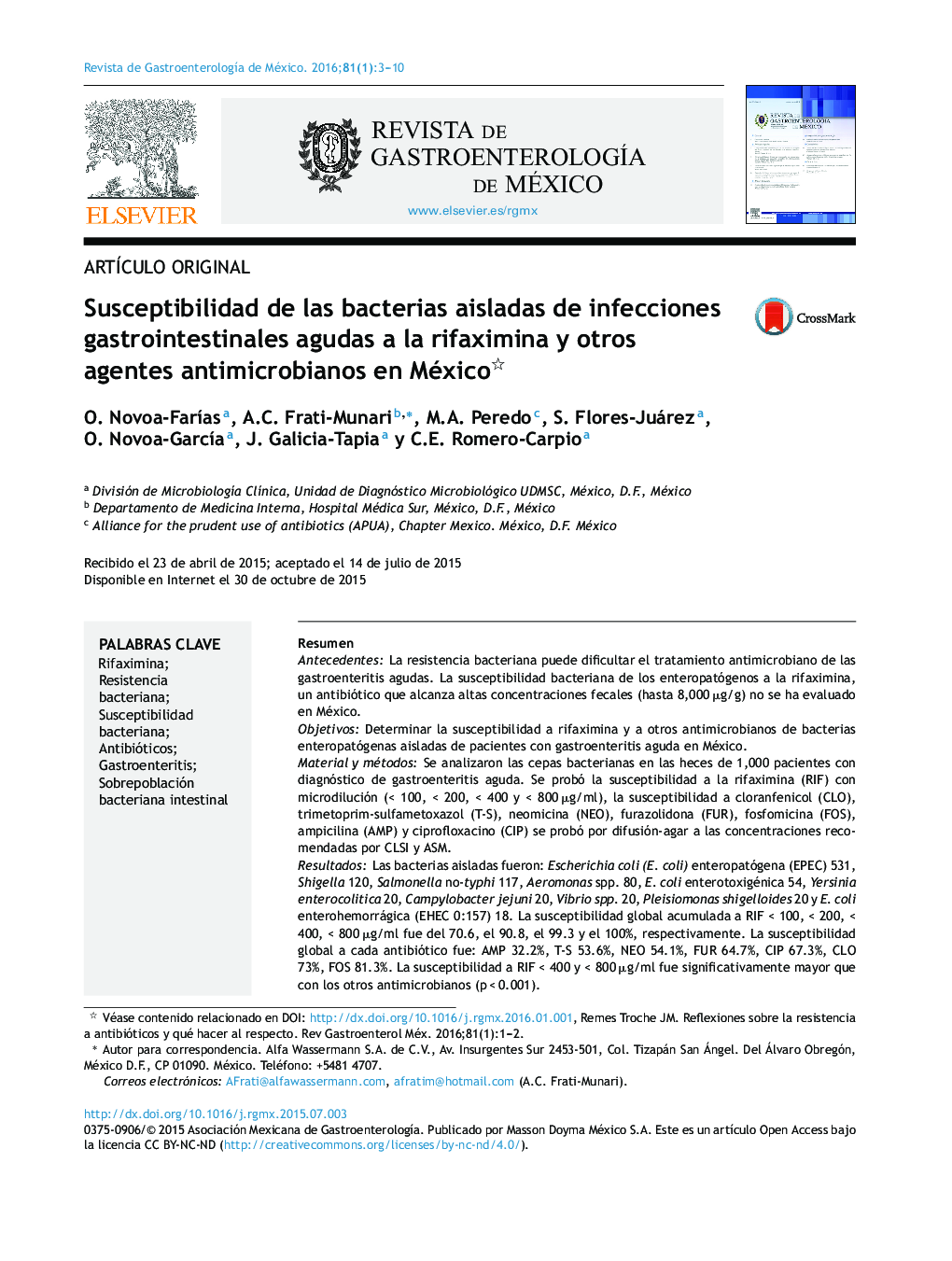 Susceptibilidad de las bacterias aisladas de infecciones gastrointestinales agudas a la rifaximina y otros agentes antimicrobianos en México 