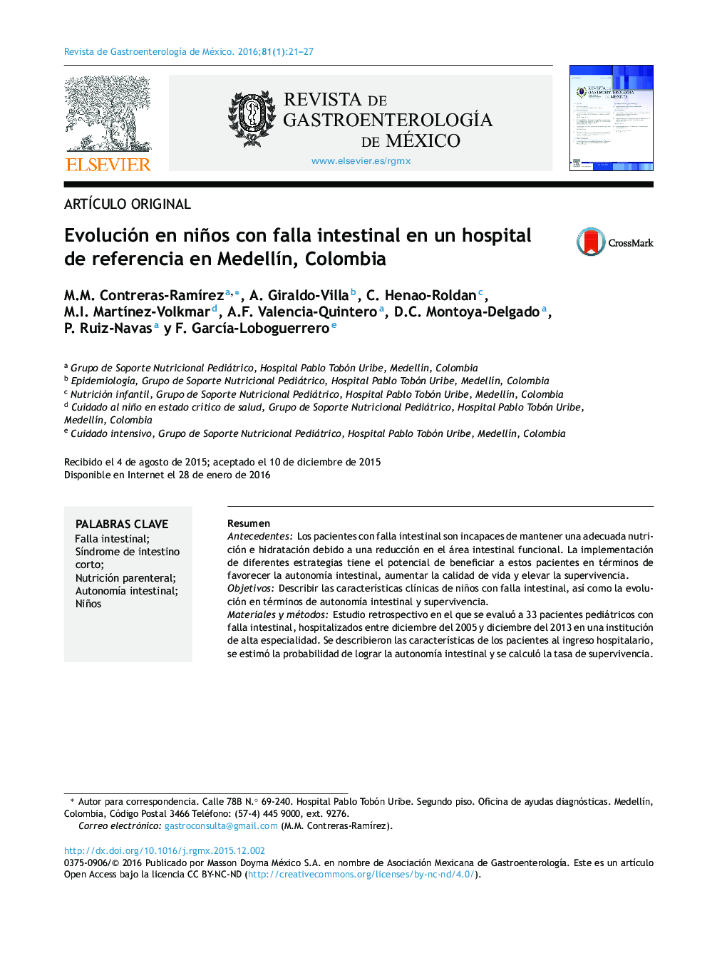 Evolución en niños con falla intestinal en un hospital de referencia en Medellín, Colombia