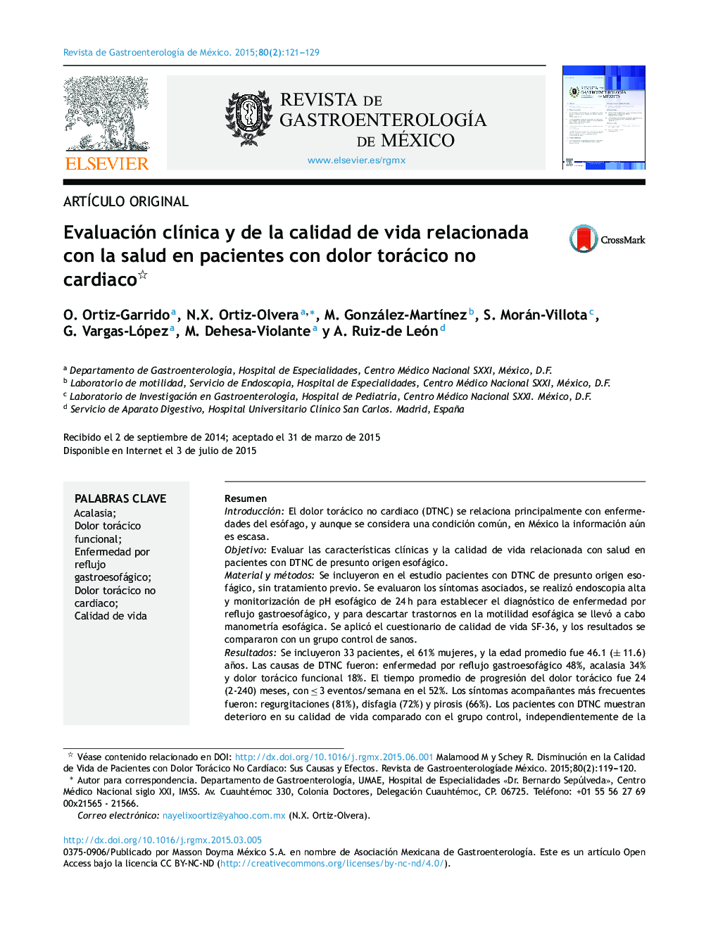 Evaluación clínica y de la calidad de vida relacionada con la salud en pacientes con dolor torácico no cardiaco 