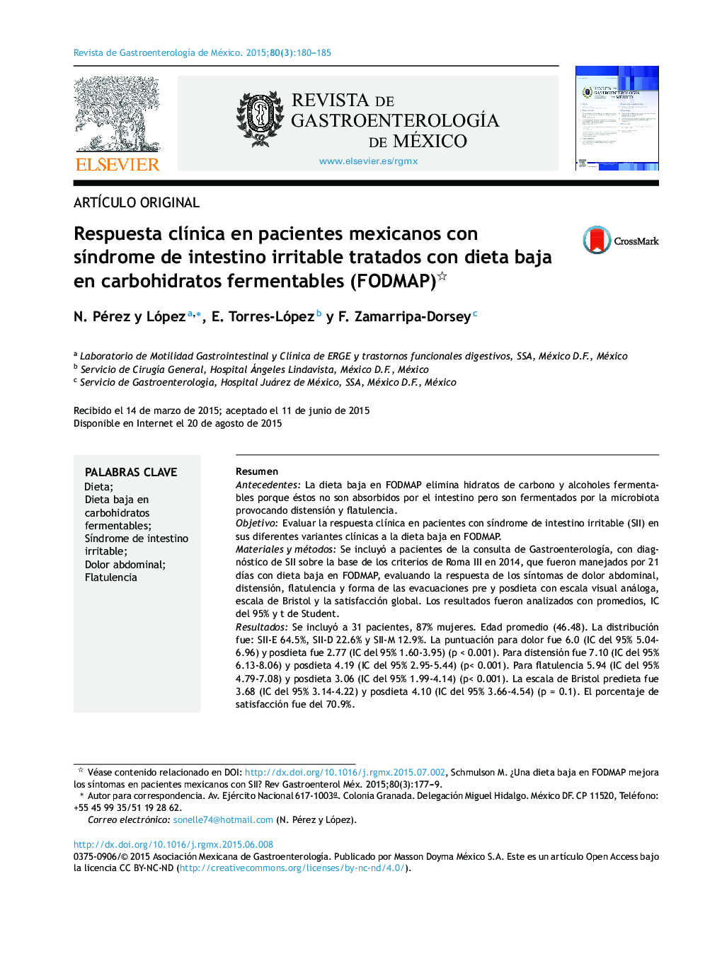 Respuesta clínica en pacientes mexicanos con síndrome de intestino irritable tratados con dieta baja en carbohidratos fermentables (FODMAP) 