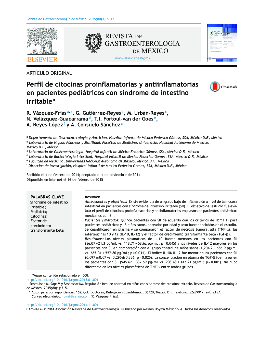 Perfil de citocinas proinflamatorias y antiinflamatorias en pacientes pediátricos con síndrome de intestino irritable 