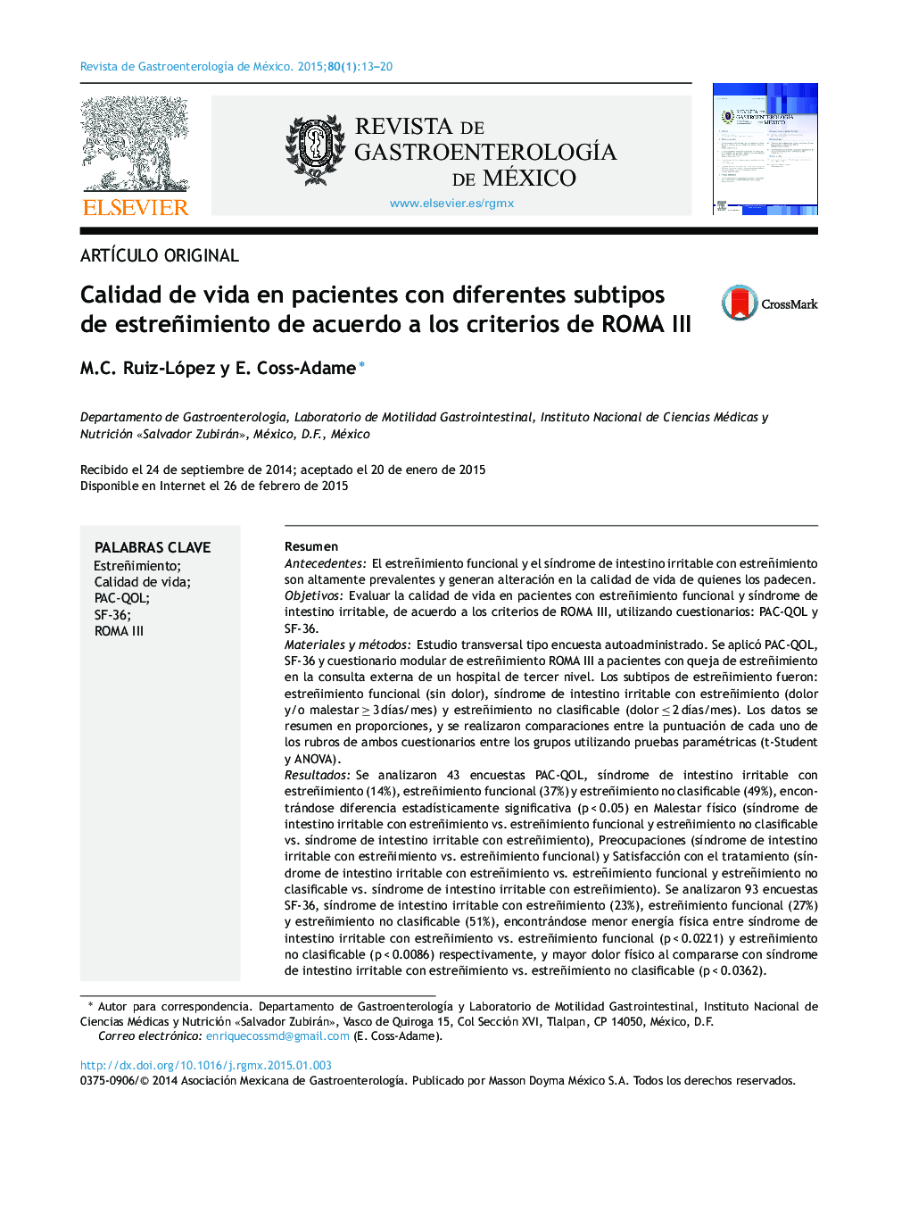 Calidad de vida en pacientes con diferentes subtipos de estreñimiento de acuerdo a los criterios de ROMA III