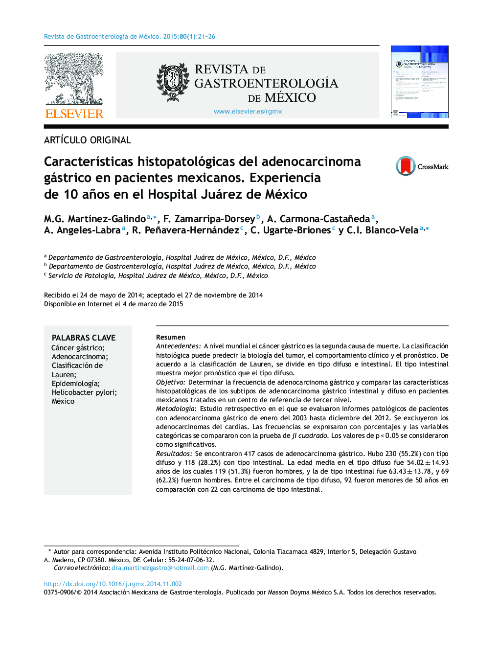 Características histopatológicas del adenocarcinoma gástrico en pacientes mexicanos. Experiencia de 10 años en el Hospital Juárez de México