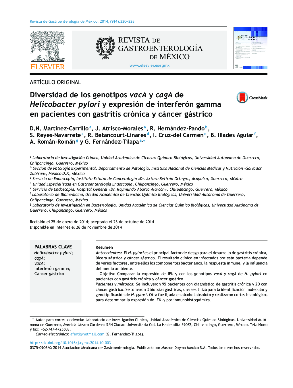 Diversidad de los genotipos vacA y cagA de Helicobacter pylori y expresión de interferón gamma en pacientes con gastritis crónica y cáncer gástrico