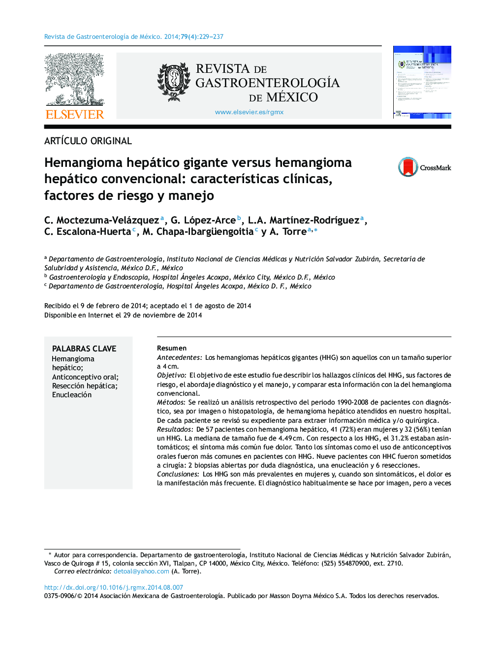 Hemangioma hepático gigante versus hemangioma hepático convencional: características clínicas, factores de riesgo y manejo