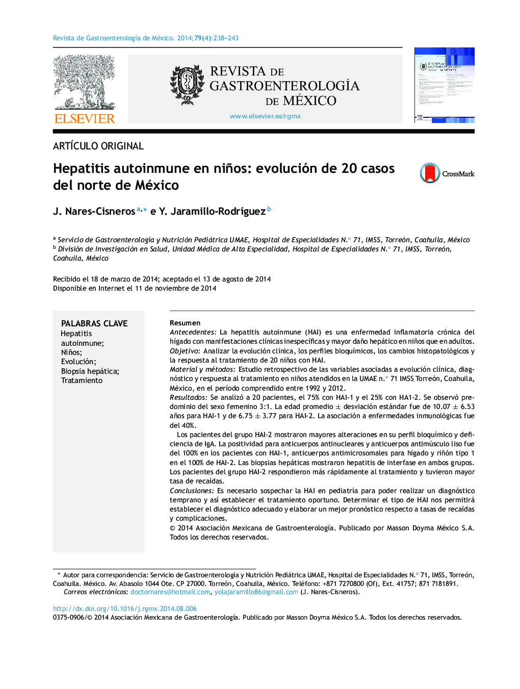 Hepatitis autoinmune en niños: evolución de 20 casos del norte de México