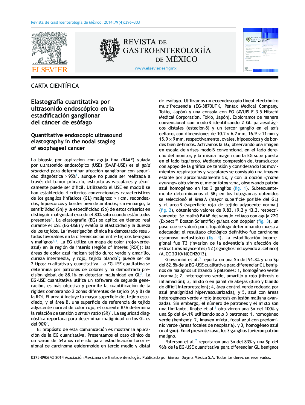 ElastografÃ­a cuantitativa por ultrasonido endoscópico en la estadificación ganglionar del cáncer de esófago