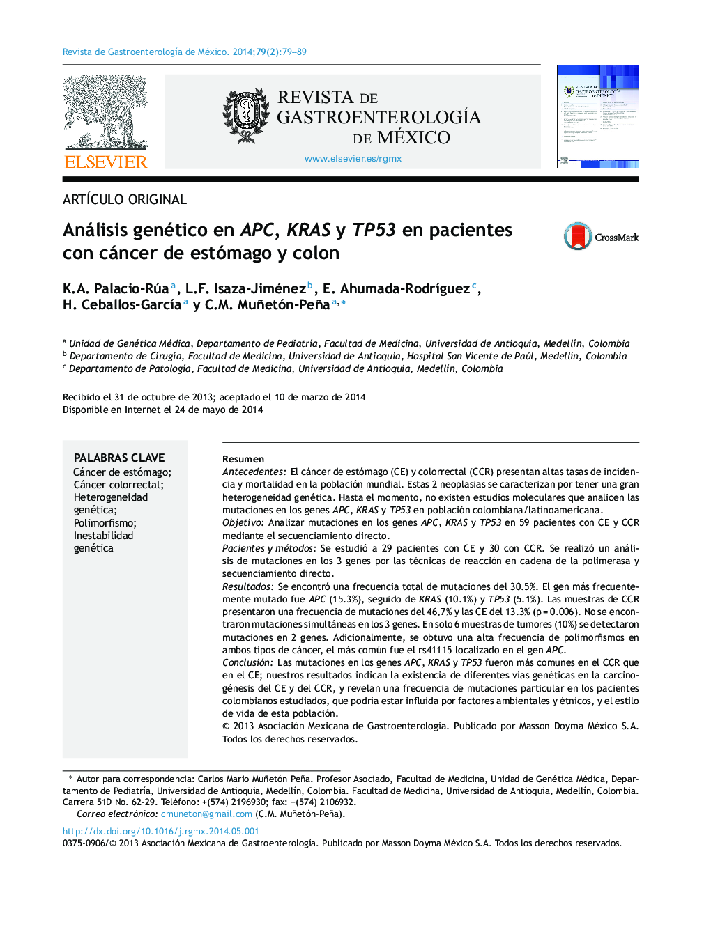 Análisis genético en APC, KRAS y TP53 en pacientes con cáncer de estómago y colon