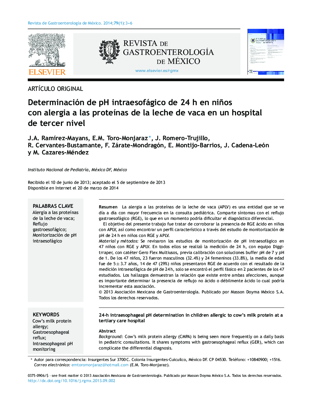 Determinación de pH intraesofágico de 24 h en niños con alergia a las proteínas de la leche de vaca en un hospital de tercer nivel