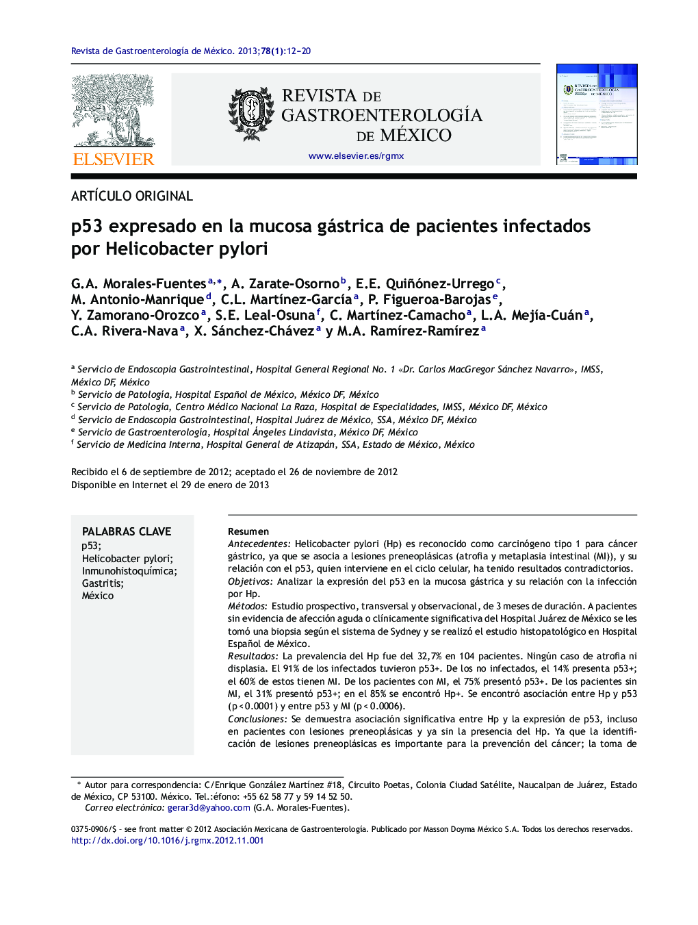 p53 expresado en la mucosa gástrica de pacientes infectados por Helicobacter pylori