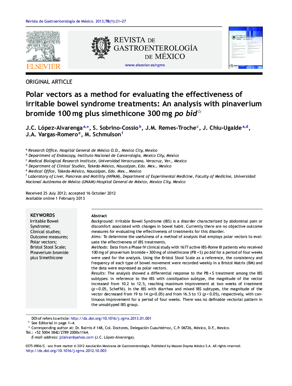 Polar vectors as a method for evaluating the effectiveness of irritable bowel syndrome treatments: An analysis with pinaverium bromide 100 mg plus simethicone 300 mg po bid 