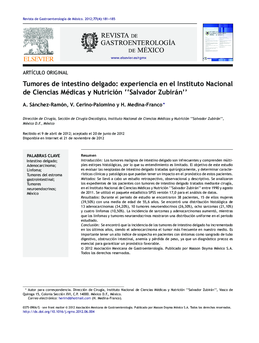 Tumores de intestino delgado: experiencia en el Instituto Nacional de Ciencias Médicas y Nutrición “Salvador Zubirán”