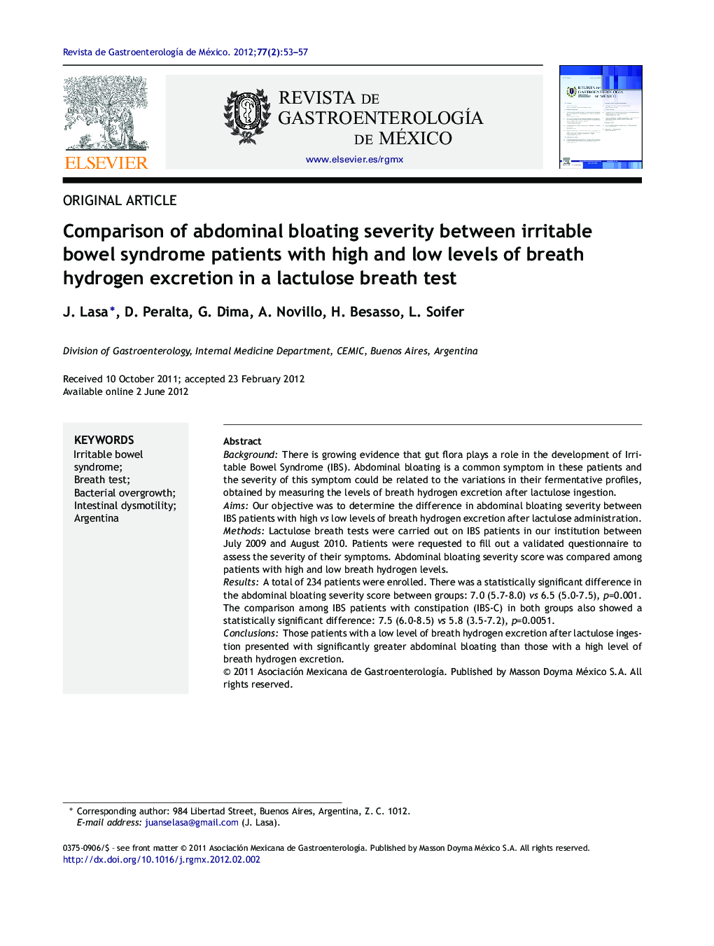 Comparison of abdominal bloating severity between irritable bowel syndrome patients with high and low levels of breath hydrogen excretion in a lactulose breath test