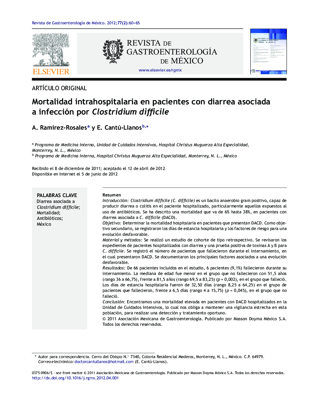 Mortalidad intrahospitalaria en pacientes con diarrea asociada a infección por Clostridium difficile