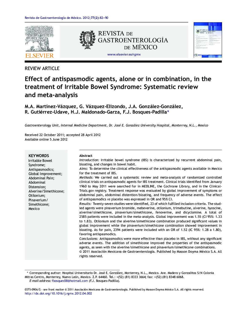 Effect of antispasmodic agents, alone or in combination, in the treatment of Irritable Bowel Syndrome: Systematic review and meta-analysis
