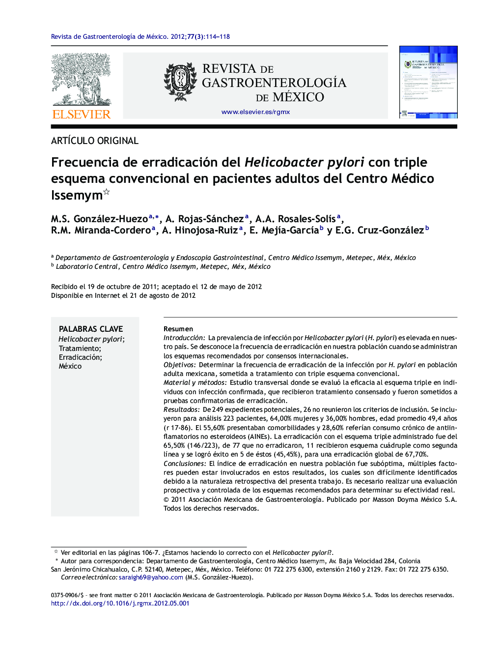 Frecuencia de erradicación del Helicobacter pylori con triple esquema convencional en pacientes adultos del Centro Médico Issemym 