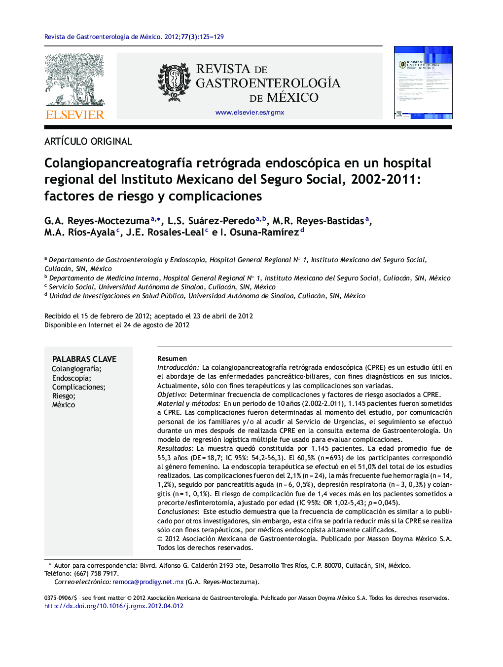 Colangiopancreatografía retrógrada endoscópica en un hospital regional del Instituto Mexicano del Seguro Social, 2002-2011: factores de riesgo y complicaciones