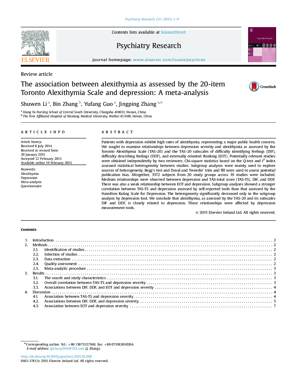 The association between alexithymia as assessed by the 20-item Toronto Alexithymia Scale and depression: A meta-analysis