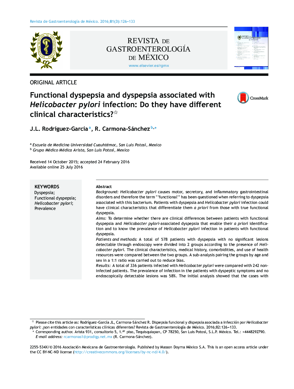 Functional dyspepsia and dyspepsia associated with Helicobacter pylori infection: Do they have different clinical characteristics? 